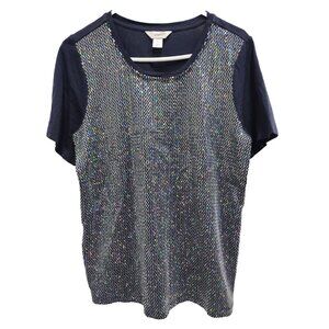CJ Banks Womens Top Size 14 Navy Sequined Short Sleeve Scoop Neck Casual Tee
